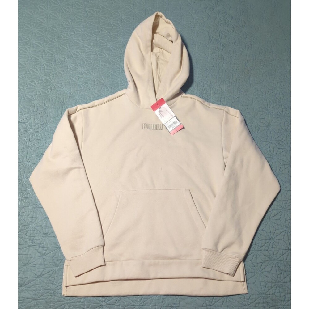 PUMA Women's Sz M Fleece Lined Hoodie Long Sleeve Sweatshirt Cream Piping Seam